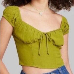 Wild Fable Green Apple Tie Front Ruched Back Cap Sleeve Sweetheart Top XS NWT